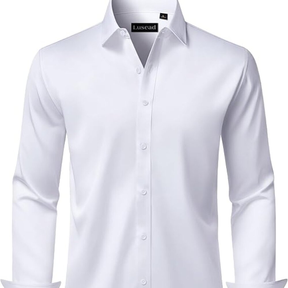NEW! Solid White Men's Dress Shirts Long Sleeve Stretch Wrinkle Free